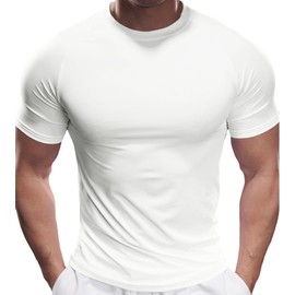 Fioboc White T Shirts for Men Compression Active Crew Neck Tee Moisture Wicking Men's Muscle T-Shirt Gym Tops Running Shirts 2XL