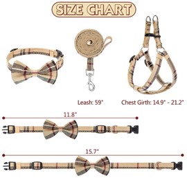 Dog Harness with Leash and Bow Tie Collar Set - Beige Plaid Puppy Harness, Escape Proof Adjustable No Pull Dog Vest for Outdoor Walking, Fit for Small Medium Dogs