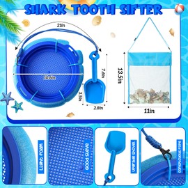 Roshtia 3 Pcs Shark Tooth Sifter Set Lightweight Sand Kits for Teeth Seashell Hunting Beach Floating Beach Sifter with Mesh Screen,Shovel,Seashell Bag for Outdoor Digging(Blue)
