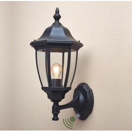 EBION PIR Outdoor Wall Lights Main Powered, Lights Outdoor with Motion Sensor, Waterproof Anti-Corrosion Plastic Wall Lantern, for Porch, Garage, Patio, Garden,Black, Bulb Not Include