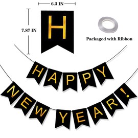 KALOR Happy New Year Banner, Black Gold Happy New Year Sign for Happy New Year Decorations 2025 New Years Eve Party Decorations