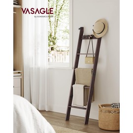 VASAGLE Blanket Ladder, 5-Tier Ladder Shelf, Ladder Rack for Storage and Decor, Towel Ladder with 4 Removable Hooks, Decorative Farmhouse for The Living Room, Bedroom, Maroon Brown ULLS028K01