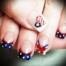 24Pcs 4th of July Press on Nails Independence Day Acrylic Short Square Fake Nail Navy Stick on Fingernails Glossy Blue French Tips False Nails Fourth of July Gel Glue on Nail for Coquette Women Girls