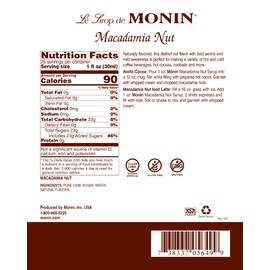 Monin - Macadamia Nut Syrup | Premium Syrup for Lattes, Cappuccinos, Hot Cocoas & More | Clean Label, No Artificial Flavors, No Artificial Preservatives (BPA-Free Glass Bottle, 750 ml)