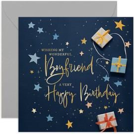 Old English Co. Boyfriend Birthday Card for Him - Navy Blue Male Birthday Card for Family - Stars Wrapped Gifts Presents Card Design - Modern Birthday Card | Blank Inside