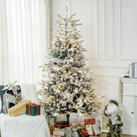 HOMCOM 7ft Prelit Snow Flocked Artificial Christmas Tree with Warm White LED Light and 1650 Tips, Metal Base, Hinged Realistic Xmas Tree