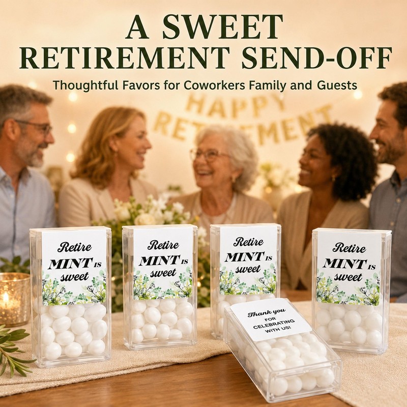 Retirement Favor Stickers for Mint Boxes: 80 Fold-Over Paper Stickers