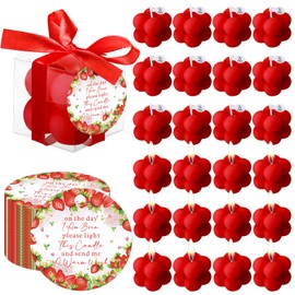 MTLEE 24 Sets Strawberry Baby Shower Favors Small Bubble Candle for Guests Tea Candles Bulk with Stylish Ribbons Cards Gifts Party Decoration(Bright Red, Strawberry)