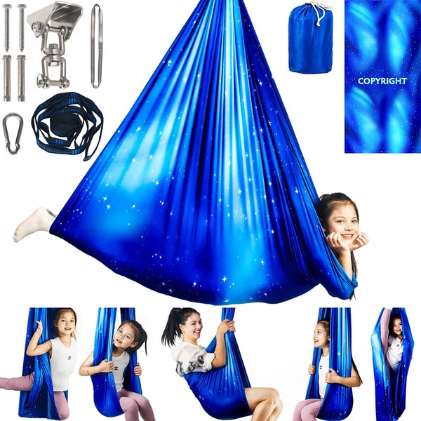 Sensory Swing for Kids and Adults Indoor & Outdoor Double Layer Therapy Cuddle Swing with 360° Swivel Hanger Kit for Calming, Effect for Autism, ADHD or SPD. Swing for Child (Star Blue)