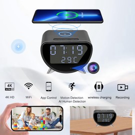 InCliick Alarm Clock with Small Camera, 4K HD Cam Multi-Functional Alarm Time & Temperature Display Wireless Charge, Motion Detection Desktop Camera Clock for Home & Office Use(No Audio)
