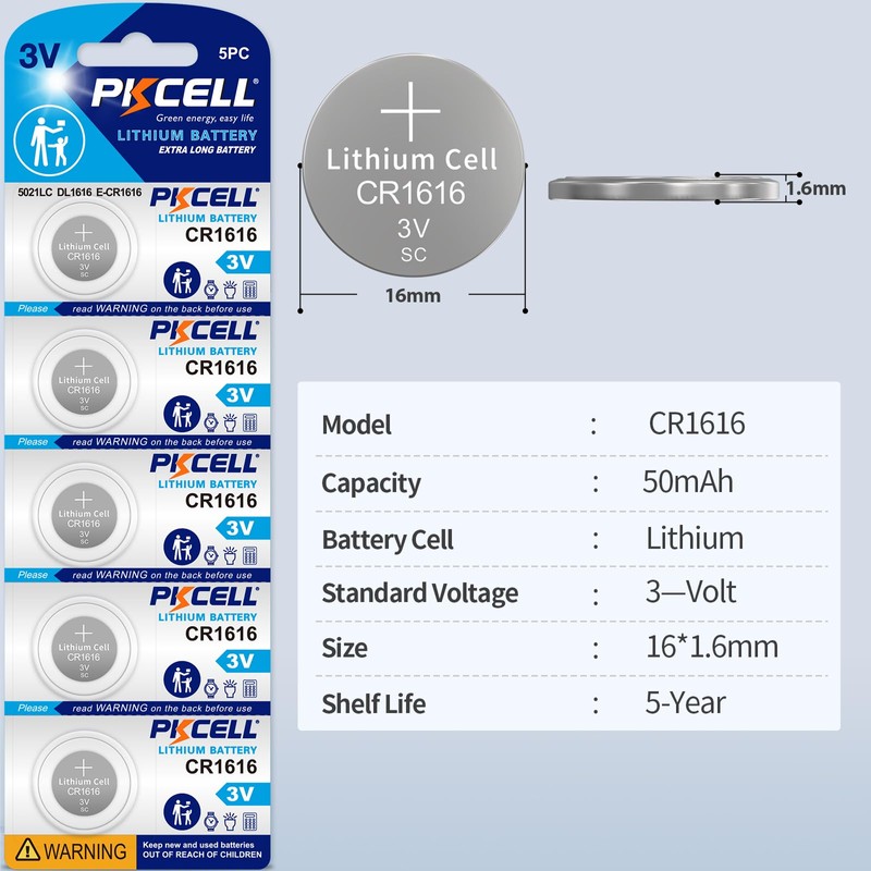 PKCELL 5 Pack CR1616 3V Lithium Battery CR 1616 Battery
