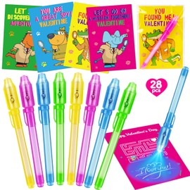 28PCS Valentines Day Gifts for Kids Classroom with Invisible Ink Pen, Kids Valentine Day Cards for School Boys Girls Student Exchange Gifts Spy Pens for Toddler Valentine's Party Favors Treat Bulk