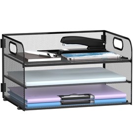 Supeasy Organizador de papel de 3 niveles con asa, organizador de escritorio de malla, bandeja de cartas, bandeja de papel organizador de archivos par