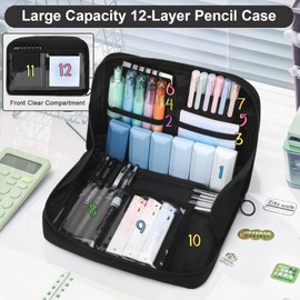 ESSALOO 30 PCS Filled Pencil Case with Stationery Included, Aesthetic Stationery Set for Girls, 11 Gel Pens, 4 Pastel Highlighters, 3 Mechanical Pencils for Back to School Students (Black)