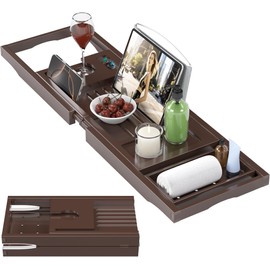 Foldable Bathtub Caddy Tray for Tub,Bamboo Expandable Bath Table Trays,Premium Bathroom Accessories for New Home & Mothers Day & Birthday Gifts for Couples,Brown