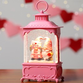 Gorrzai Valentines Day Snow Globe Gnome Snow Globe Lantern, Lighted Valentines Day Decorations for Home with Music Timer Swirling Glitter, Musical Valentines Day Gifts, USB or Battery Operated