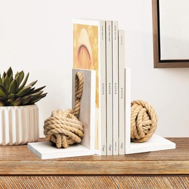 Defined Deco Decorative Bookends,Vintage Wood Bookends with Heavy Nautical Knot Rope,Beach House Book Ends for Shelves,Sturdy Book Holders,L Shaped Bookends for Office,Home Decoration,Pack of 2.
