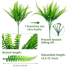 Tmflexe 6PCS Fake Ferns for Outdoors Artificial Plants Stems Faux Ferns Boston Nearly Natural UV Resistant Plastic Shrubs DIY Hanging Planter Patio Garden Balcony Indoor Home Office Greenery Decor