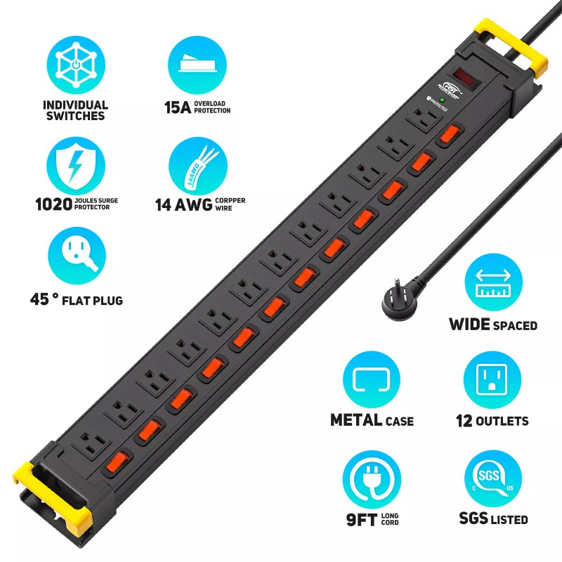 CRST 12 Outlets Heavy Duty Power Strip 1875W Surge Protector