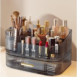 SpaceLuxe Makeup Organizer with Drawers and 360° Rotating Brush Holder, Large Capacity Cosmetic Storage for Vanity, Skincare, Perfume, Hair Accessories, Lipstick & Jewelry (Transparent Gray, 2-layer)