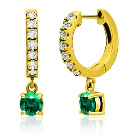 Sterling Silver 5mm Genuine, Created Gemstone Birthstone Month Colors & White CZ Dangle Huggie Hoop Earrings for Women, 15mm Diameter (Gold Flashed, CZ Cubic-Zirconia)