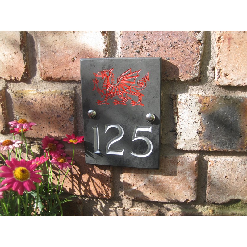 Engraved Slate House Number Sign Plaque with Hand Painted Motif