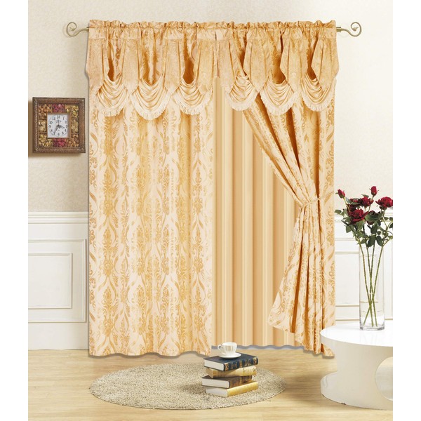 All American Collection New 4 Piece Drape Set with Attached Valance and Sheer with 2 Tie Backs Included (84" Length, Gold)