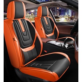 YJZT Leather Car Seat Covers Full Set,Automotive Seat Covers 5 Seats,Fit for Most Cars SUV and Most Sedans Pickup Truck,Comfort Breathable Waterproof Full Wrapping Edge Seat Covers (Black and Orange)