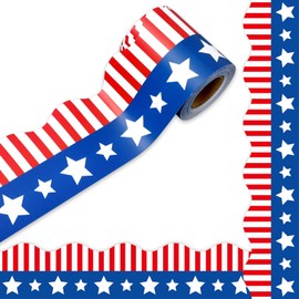 JarThenaAMCS 32.8Ft Patriotic Bulletin Board Border Red Blue American Flag 4th of July Star Stripe Die Cut Trim Border Roll for Independence Memorial Day Classroom Back to School Chalkboard Wall Decor