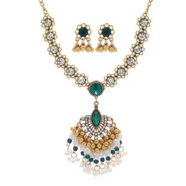 Boho Tassel Jhumka Statement Earrings Necklace Jewelry Set for Women Gold-Toned Bohemian CZ Chandelier Dangle Drop Vintage Indian Bollywood Tribal Festival Holiday Accessories Gifts (Green)