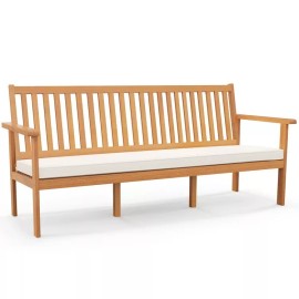 3-Seat Outdoor Wooden Bench Garden Home Slatted Seat Patio Bench W/ Seat Cushion
