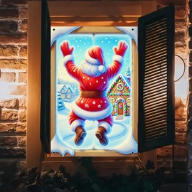 BlissYard Christmas Window Cover 31x47 Inch Jolly Santa Claus Jumping Snow Scene Gingerbread House Winter Holiday Indoor Wall Hanging Festive Xmas Decoration Cozy Party Background