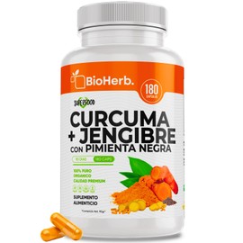 BioHerb® | Cúrcuma + Jengibre + Pimienta Negra – Absorcion Potenciada hasta en un 2000% con 180 Cápsulas (Para 90 Días) – Soporte AntiInflamatorio para Articulaciones y Bienestar General