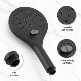 KPW Shower Head Detachable Handheld Matte Black 3 Spray Modes High Pressure Showers