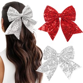 Mylot 2 Pcs Women Hair Bow Clips Sparkling Sequin Hair Bows Hair Clips for Women Girls Large Hair Bows, Long Tail Bowknot Barrettes 7 Inch