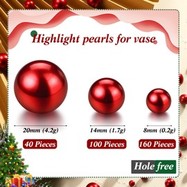 Junkin 300 Pcs Vase Filler Faux Pearls Vase Makeup Beads Bulk No Hole Gloss Pearl Beads Mixed Sizes Round Pearls for Wedding Home Table Theme Party Birthday Decoration, 8/14/20 mm(Red)