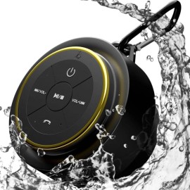 iFox Creations Portable Bluetooth Shower Speaker, IPX7 Waterproof, Black/Gold