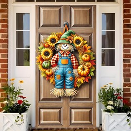 Autumn Pumpkin Wreath Front Door Decoration - Seasonal Fall Harvest Home Porch, Yard, Garden Outdoor Holiday Welcome Sign