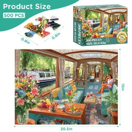 500 Piece Puzzle for Adults, Cozy Canal Boat Jigsaw Puzzle, Scenic Riverside Cabin Interior Artwork, Eco-Friendly Recycled Cardboard, Challenging Family Puzzle Gift for Birthday Holidays, 20.5 x 15 in