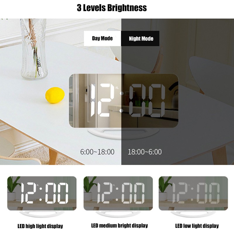 LED Digital Alarm Clock USB Charging Mirror Clock with 4