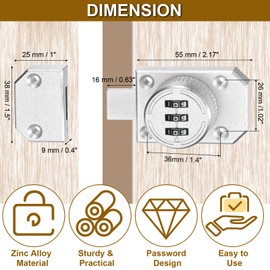 PATIKIL Combination Cabinet Latch,Zinc Alloy Mechanical Keyless Password Lock 3-Digit Password Cabinet Lock Safety Lock with Screw for Cabinet Drawer Cupboard Silver