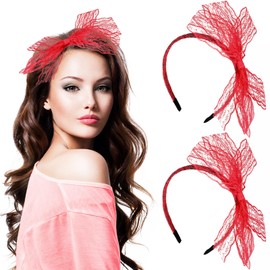 Neptniopllab 2 Pieces Neon Lace Bow Headband,Elastic Women's 1980s Neon Lace Headband for Women, Good for Carnival, Christmas Party, Daily Decoration (2 pieces red, Standard)