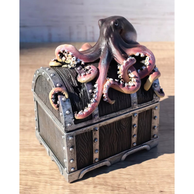 Ebros Gift Nautical Marine Ocean Octopus Kraken Guarding Treasure Chest