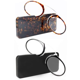 REAVEE 2 Pack Pinch Nose Clip on Reading Glasses Armless for Men Women, No Temple Slim Compact Readers Ultra Thin with Mini Portable Case, Black and Tortoise +3.5