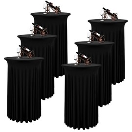 6 Packs Round Cocktail Table Skirt 24"x 43" Spandex Stretch Cocktail Tablecloth with Wavy Drapes, Black Spandex Fitted High Top Table Covers for Wedding Bar Party Birthday Banquet Table
