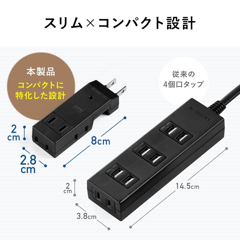 Sanwa Direct Power Strip 4 Outlets 2P Socket Compact Surge