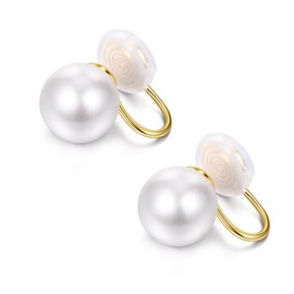AVYRING Pearl Clip On Earrings, Simulated Freshwater White Pearl Classic Jewellery Gold Earrings for Women Girls Fake Piercing Hoop Earrings 14mm