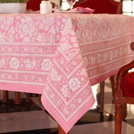 Labhanshi Indian Handblock Print Floral Table Cloth|100% Cotton Canvas Table Cover |60x90 Inch 6-Seater Rustic Farmhouse Boho Thanksgiving Christmas Festive Holiday Decor for Dining Table|Pink Rose