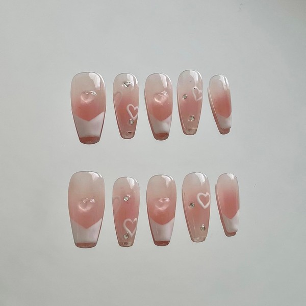 100% Hand-painted Cute Blush Nail Heart Square Medium Length Y2K