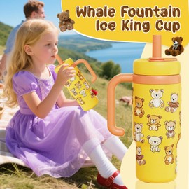 Stainless Steel Whale Fountain Tumbler with Handle – Two Lids, Spill-Proof, 710ml Drinking Cup with Whale Squirt, Cute & Perfect for Kids, Teens, and Adults, Dishwasher Safe (Yellow Bear)